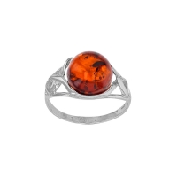 Bague cabochon rond en ambre cognac ajouré, argent 925/1000 rhodié