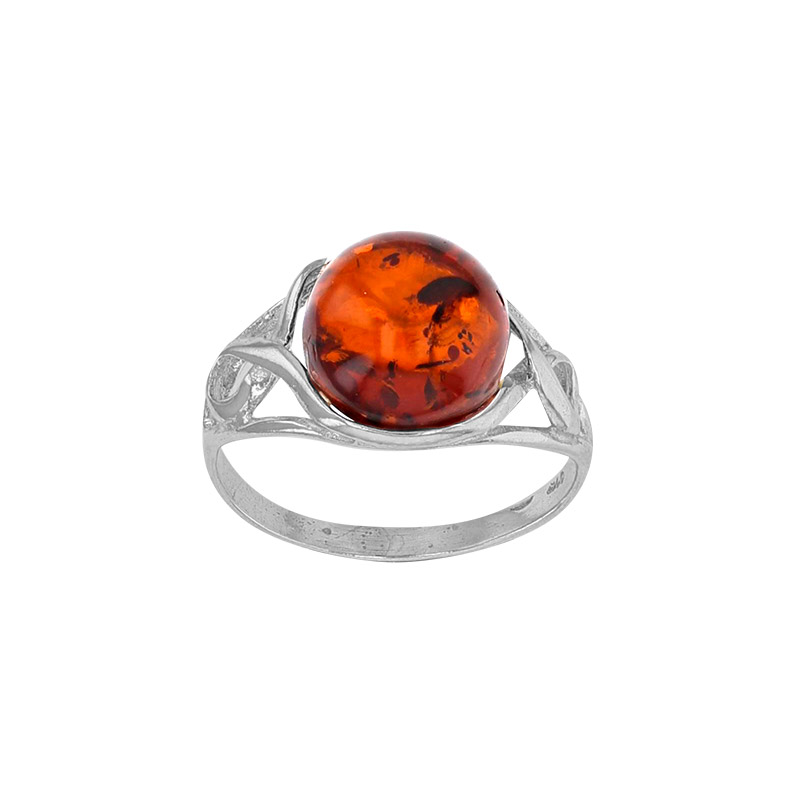 Bague cabochon rond en ambre cognac ajouré, argent 925/1000 rhodié