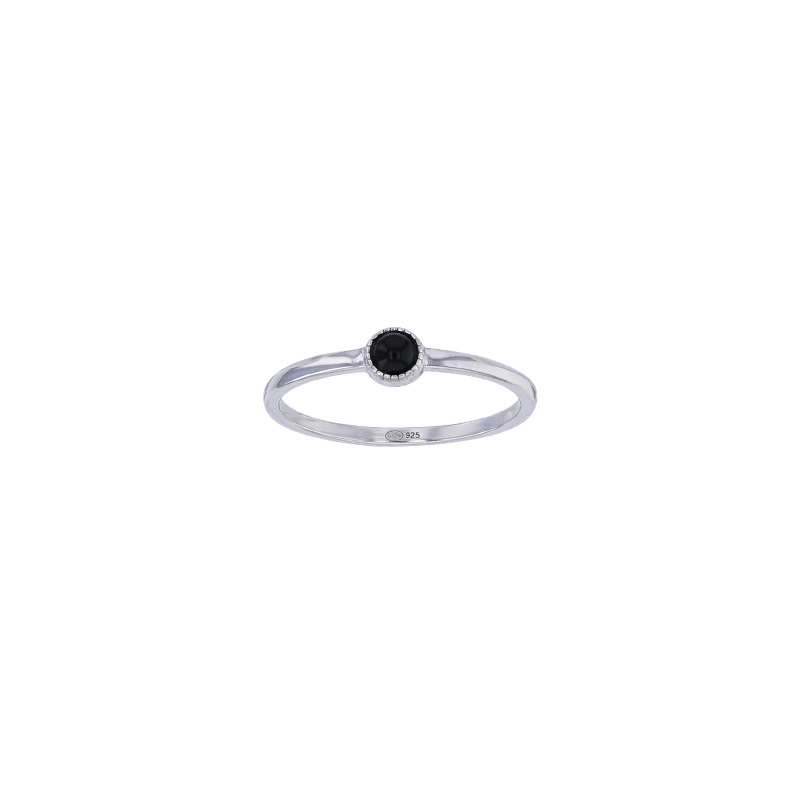 Bague cabochon taille ronde, agate noire, argent 925/1000 rhodié