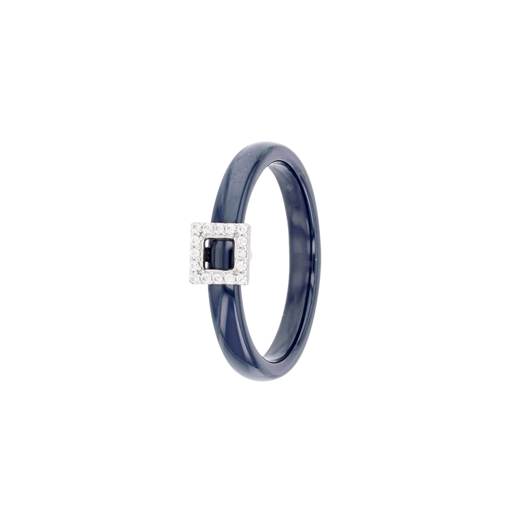 Bague céramique bleue avec un carré en argent 925/1000 rhodié et des oxydes de zirconium