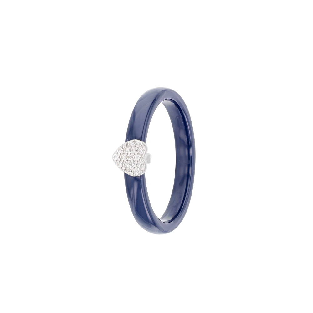 Bague céramique bleue avec un coeur en argent rhodié 925/1000 et oxydes de zirconium