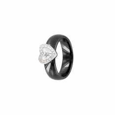 Bague céramique noire ornée d'un coeur en argent rhodié 925/1000 et d'oxydes de zirconium