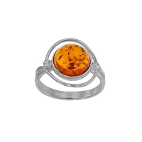 Bague cercle avec rond en ambre cognac, argent 925/1000 rhodié