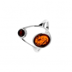 Bague cercle avec ronds en Ambre cognac et cerise, argent 925/1000 rhodié