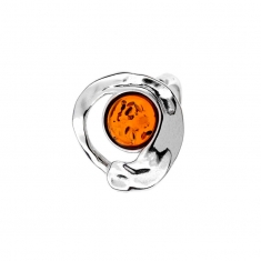 Bague cercle effet martelé avec pierre ronde Ambre, argent 925/1000 rhodié
