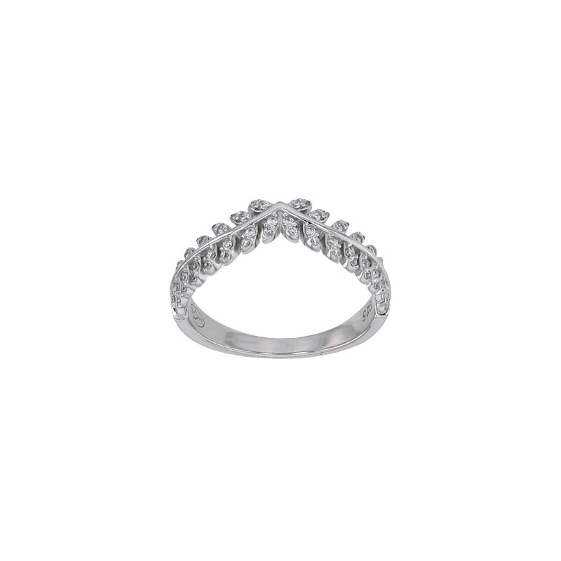 Bague chevron, formes feuilles ornées d'oxydes, argent 925/1000 rhodié