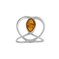 Bague coeur ajouré et entrelacé, ambre cognac forme amande en argent 925/1000 rhodié