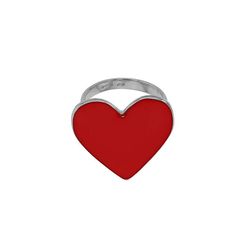 Bague coeur en émail noir, argent 925/1000 platiné