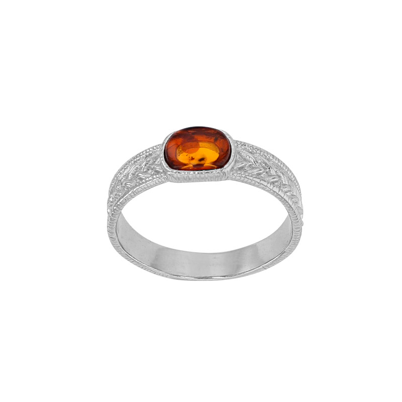 Bague corps large ciselé, ambre cognac en argent 925/1000 rhodié