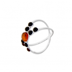 Bague croisée petites pierres Ambre cerise et cognac, argent 925/1000 rhodié