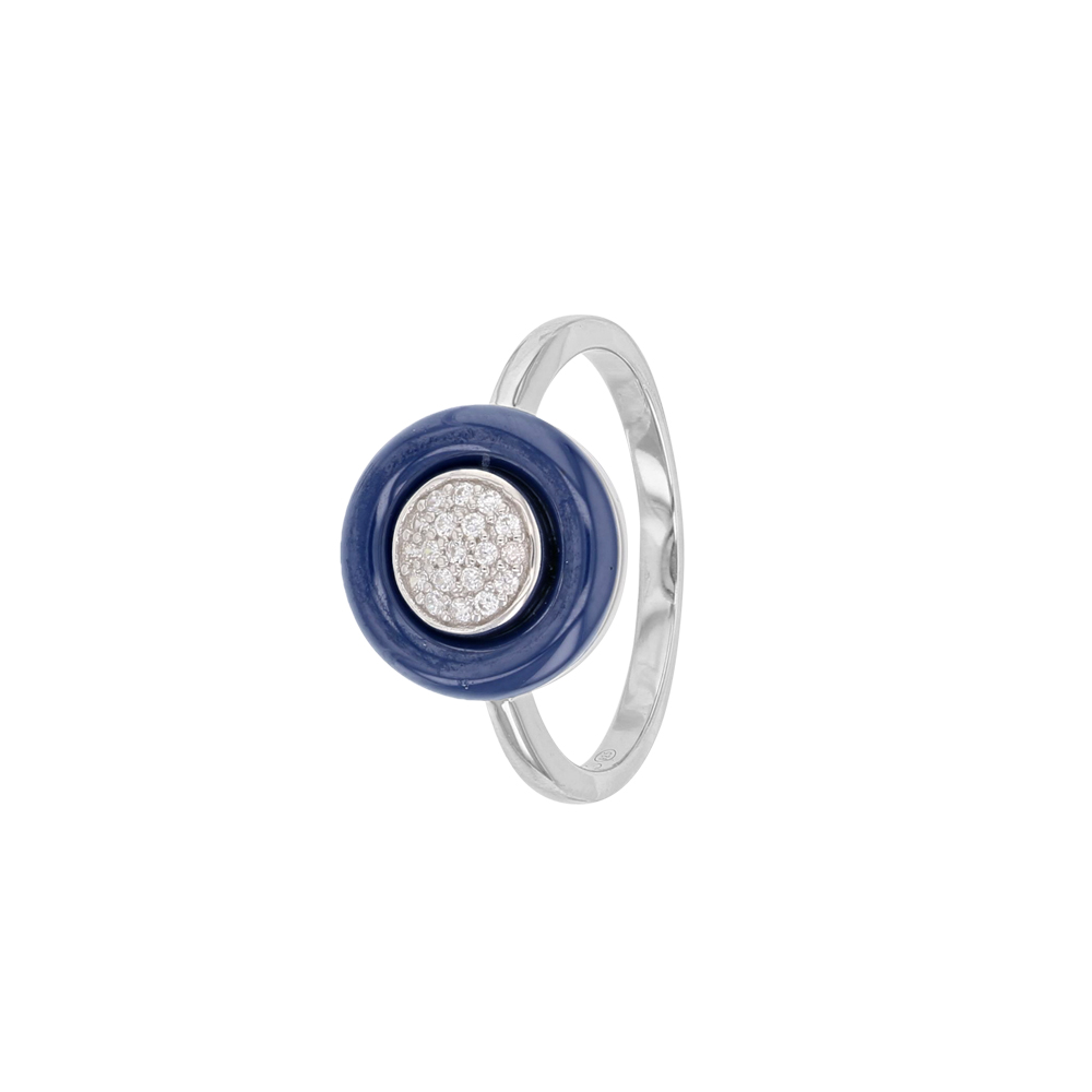 Bague de forme ronde en céramique bleue, oxydes de zirconium et Argent 925/1000 rhodié