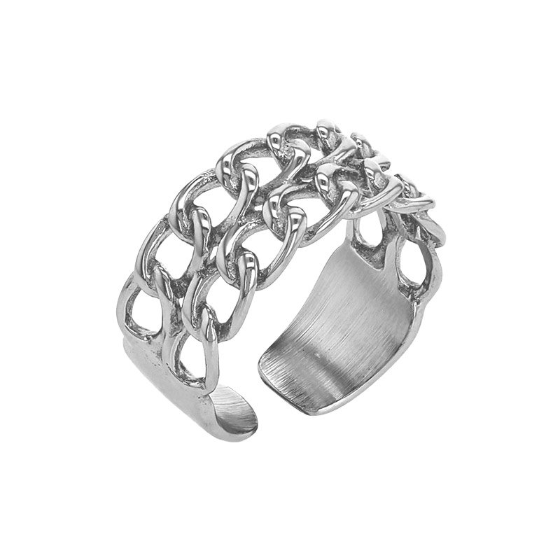 Bague double rang motif maille gourmette ajourée en acier