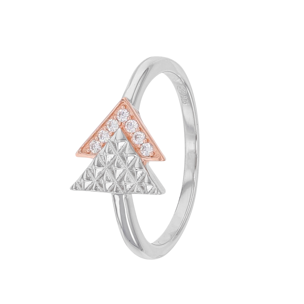 Bague double triangles dont 1 empierré en argent 925/1000 rhodié et doré rose