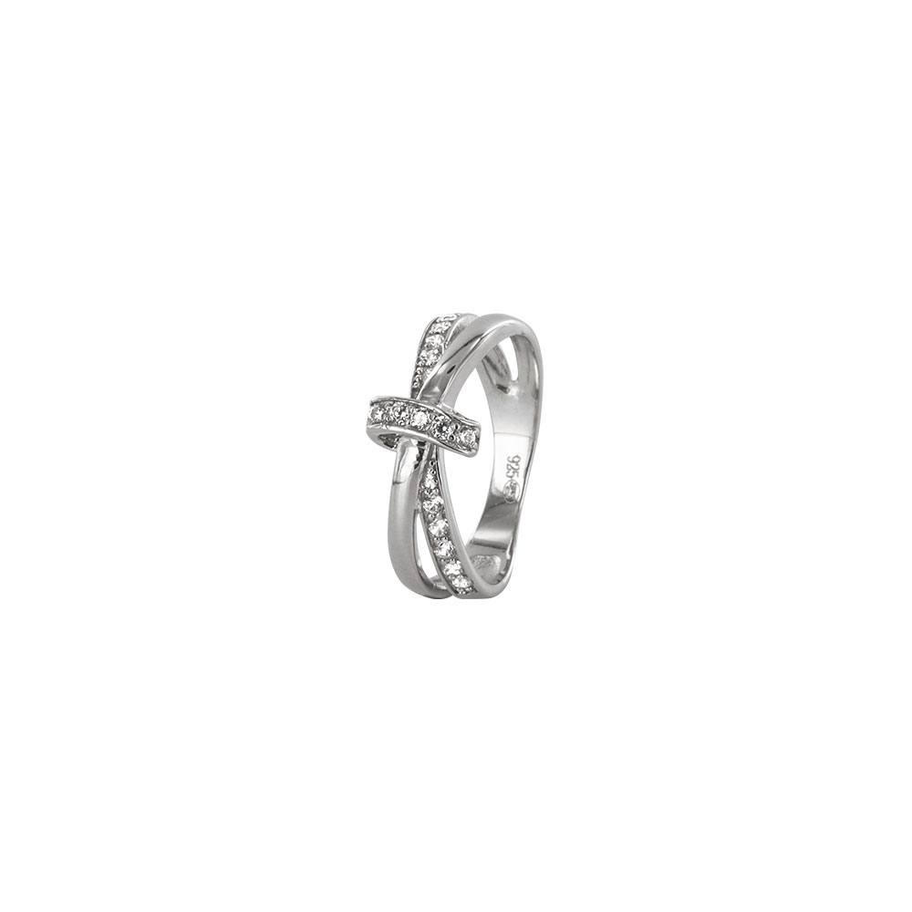 Bague effet double anneaux croisés en argent rhodié 925/1000 et oxydes de zirconium