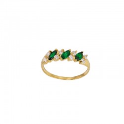 Bague émeraudes synthétiques et diamants synthétiques 0,296, tailles rondes et navette, Or 375/1000