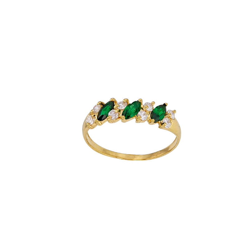 Bague émeraudes synthétiques et diamants synthétiques 0,296, tailles rondes et navette, Or 375/1000