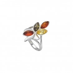 Bague en ambre tricolore et argent 925/1000, en forme de feuille