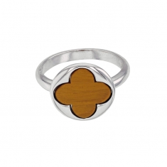 Bague en argent 925/1000 rhodié forme trèfle quadrilobé en Oeil de tigre
