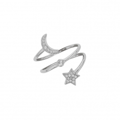 Bague en Argent rhodié 925/1000 avec oxydes de zirconium motifs lune soleil étoile