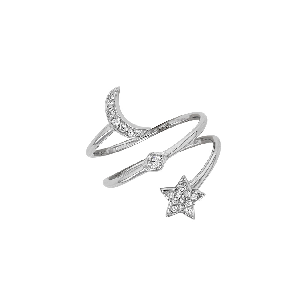 Bague en Argent rhodié 925/1000 avec oxydes de zirconium motifs lune soleil étoile