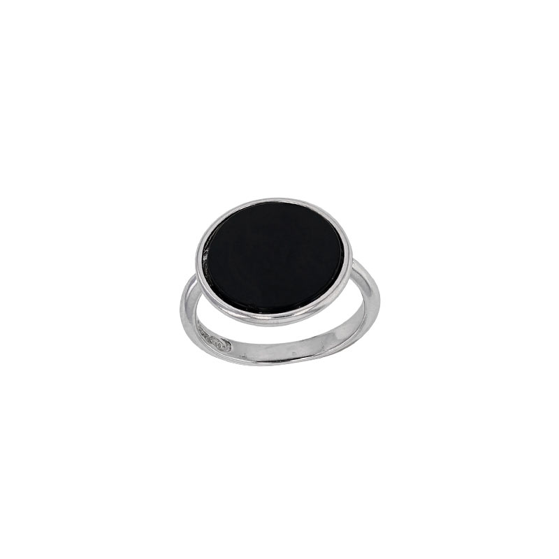 Bague en argent 925/1000 rhodié avec rond en Agate noire