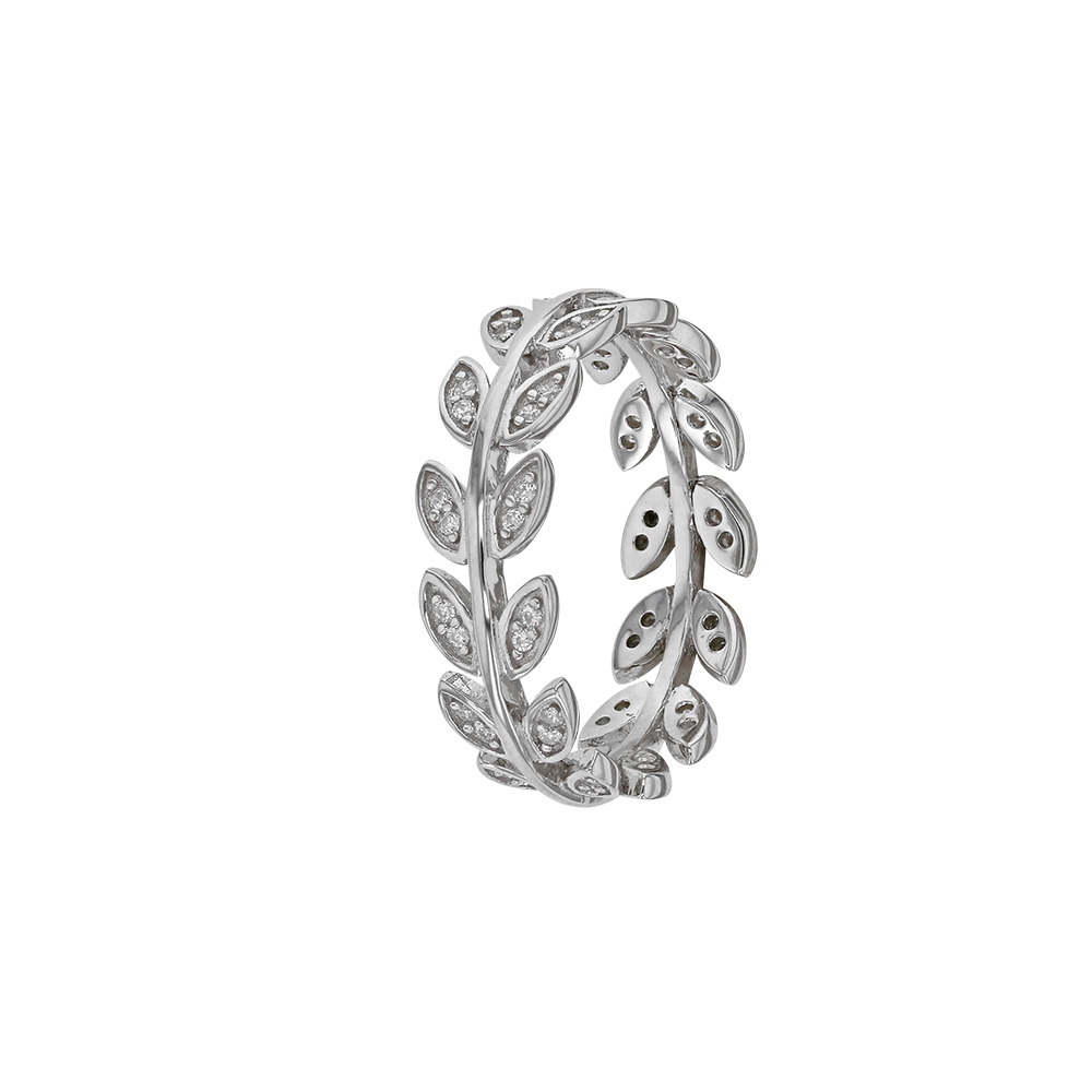 Bague en argent rhodié 925/1000 et Feuilles avec oxydes de zirconium