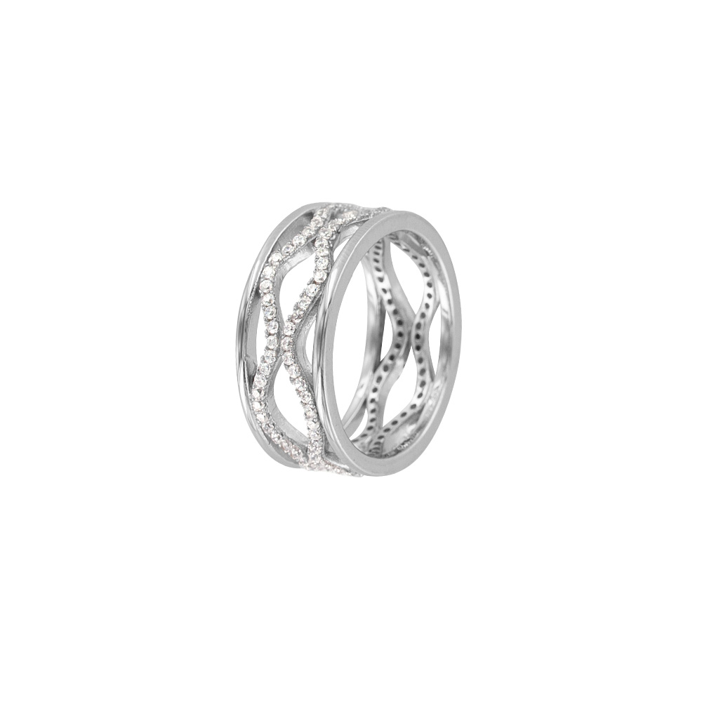 Bague en argent 925/1000 rhodié microserti avec large motif vagues d'oxydes de zirconium
