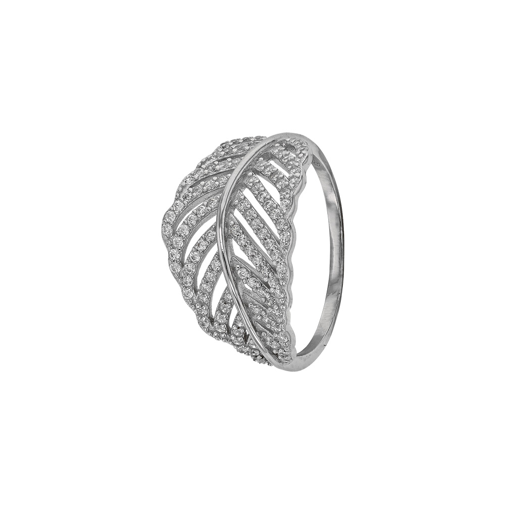 Bague en argent rhodié 925/1000 style Feuille ajourée microserti avec oxydes de zirconium