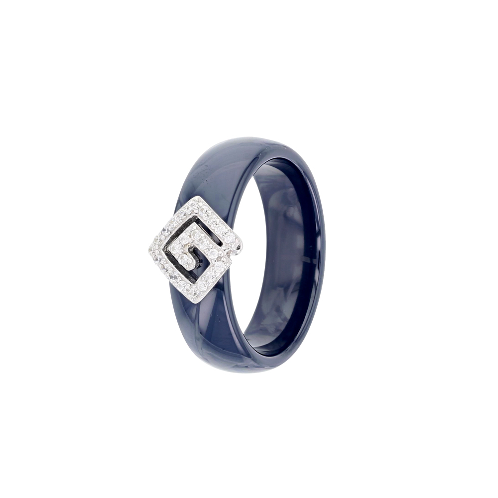 Bague en céramique bleue avec une spirale carrée en argent rhodié 925/1000 et oxydes de zirconium