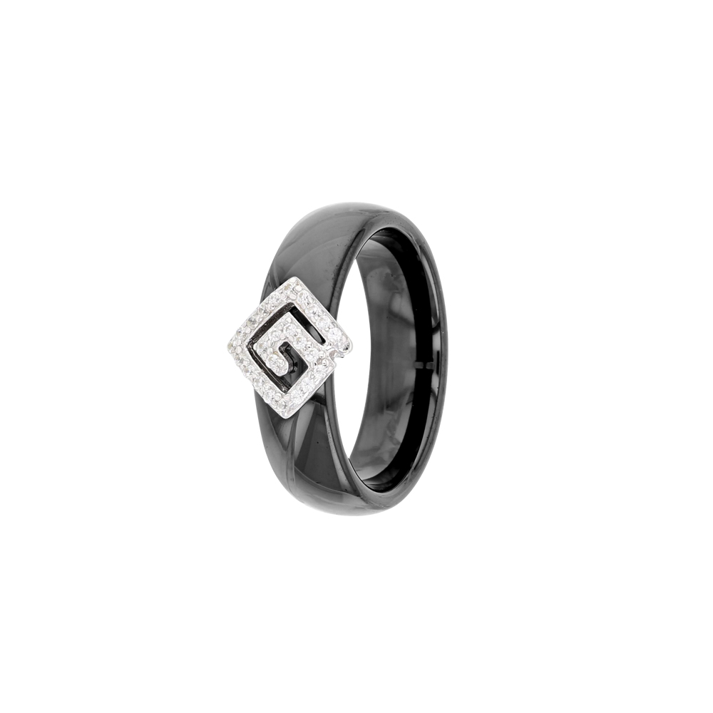 Bague en céramique noire avec un tourbillon d'oxydes de zirconium et en argent rhodié 925/1000