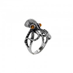Bague en forme de pieuvre, en ambre et argent 925/1000 vieilli