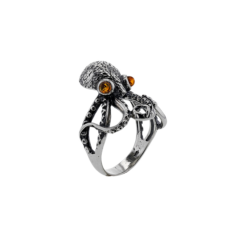 Bague en forme de pieuvre, en ambre et argent 925/1000 vieilli