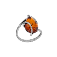 Bague entrelacée d'une pierre d'ambre cognac en argent 925/1000 rhodié