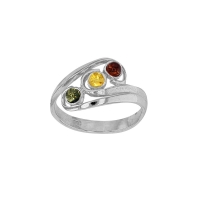 Bague entrelacée de 3 ambres cognac, vert et miel serties clos, argent 925/1000 rhodié