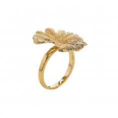 Bague feuille de ginkgo strié, plaqué or