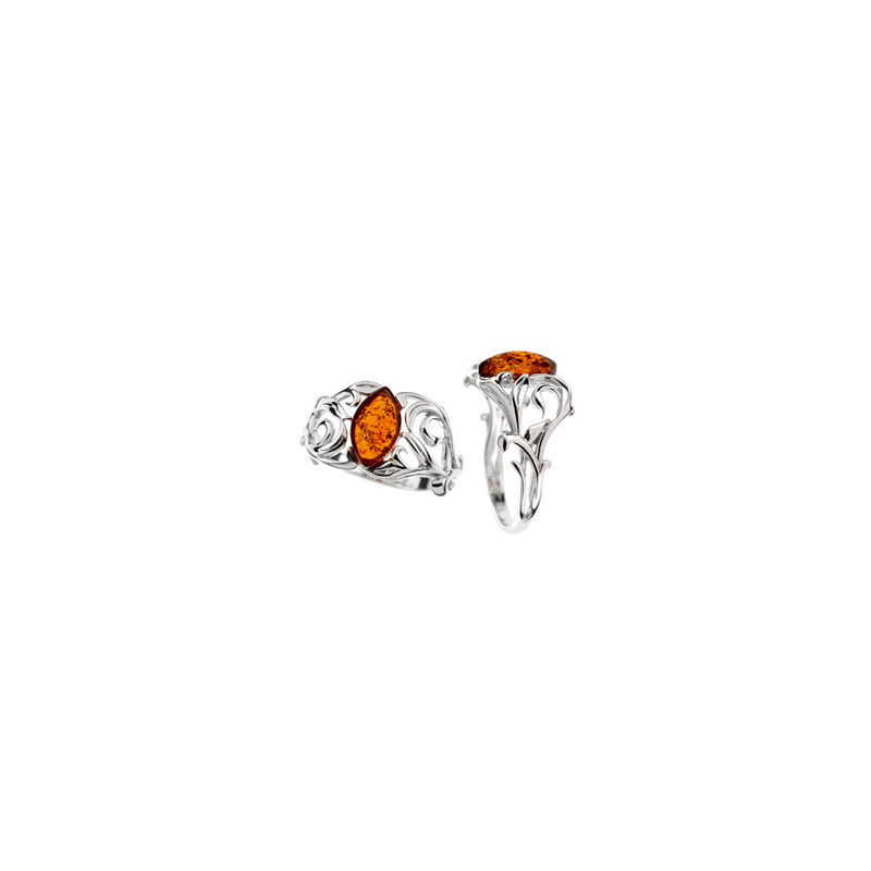 Bague feuilles argent 925/1000 rhodié et pierre ovale en ambre