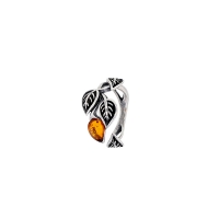 Bague feuilles en ambre cognac et argent vieilli, argent 925/1000 rhodié