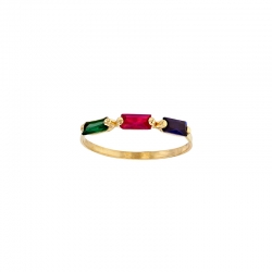 Bague fine 3 oxydes de couleurs, taille baguette, Or 750/1000