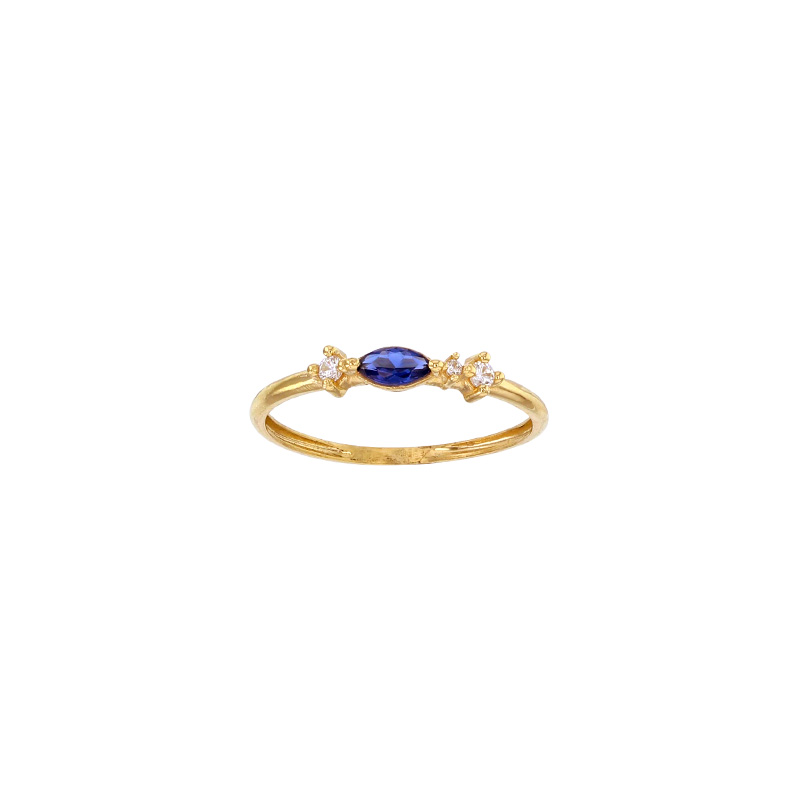 Bague fine oxyde bleu saphir taille marquise et oxydes ronds blancs, Or 750/1000