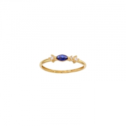 Bague fine oxyde bleu saphir taille marquise et oxydes ronds blancs, Or 750/1000