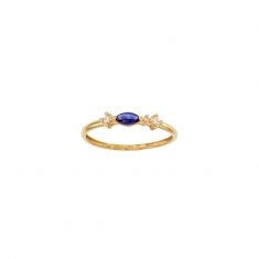 Bague fine oxyde bleu saphir taille marquise et oxydes ronds blancs, Or 750/1000