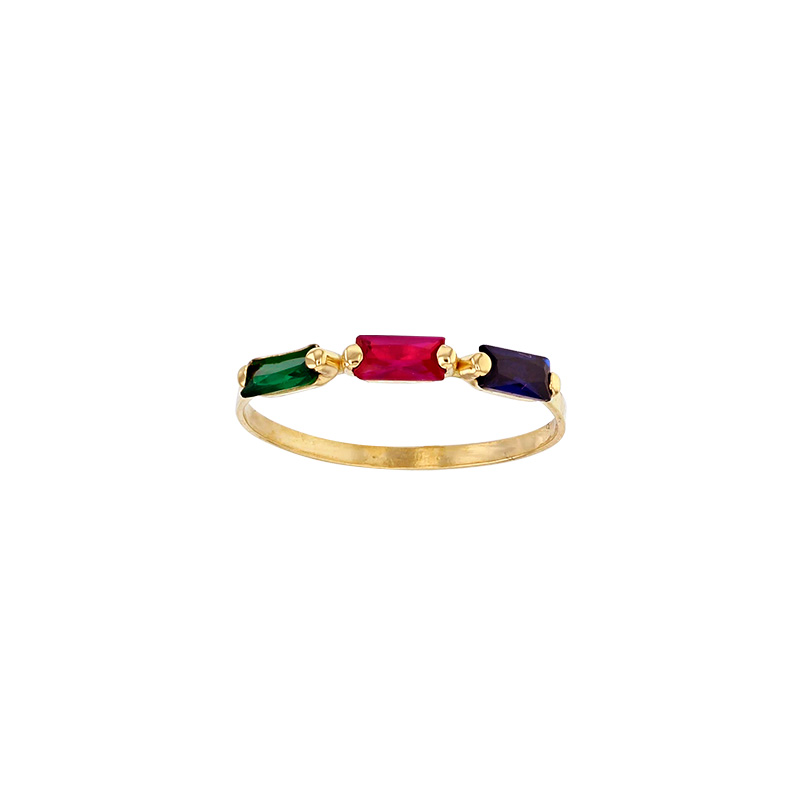 Bague fine 3 oxydes de couleurs, taille baguette, Or 750/1000