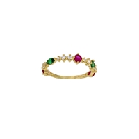 Bague fine oxydes fuchsia, verts et blancs, taille ronde et marquise, Or 750/1000