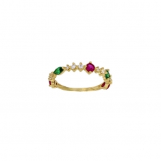 Bague fine oxydes fuchsia, verts et blancs, taille ronde et marquise, Or 750/1000