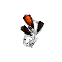 Bague fleur Ambre cognac et pétales couleur cerise, argent 925/1000 rhodié