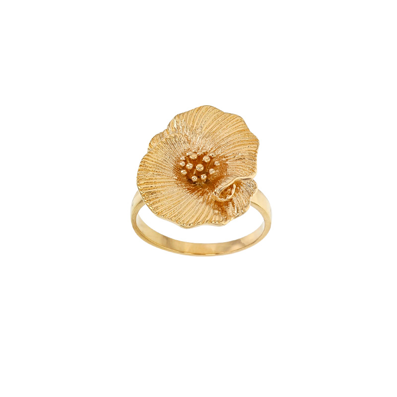 Bague fleur de pavot, aspect strié, Plaqué or