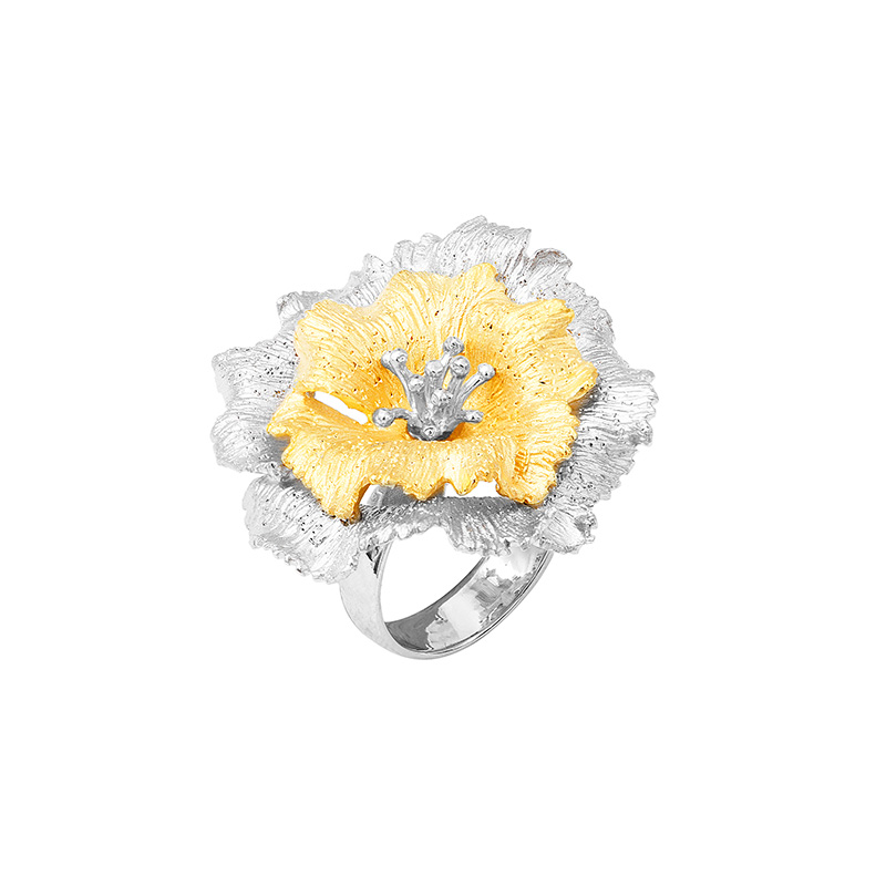 Bague fleur de pavot bicolore, argent 925/1000 platiné et doré