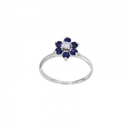 Bague fleur diamant synthétique central 0,08ct, sertie de saphirs synthétiques, Or blanc 375/1000