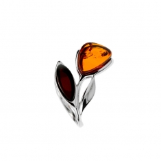 Bague fleur en Ambre cognac et couleur cerise, argent 925/1000 rhodié