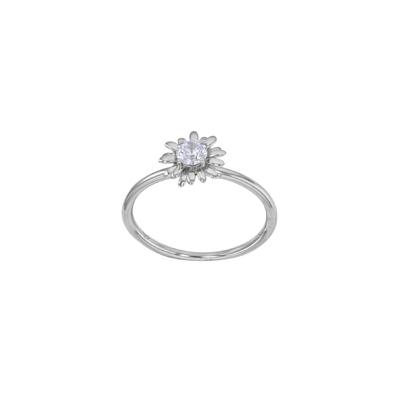 Bague fleur ornée d'un oxyde serti griffes, argent 925/1000 rhodié